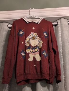 Women’s Burgundy Teddy Bear Sweater with Embroidered Collar